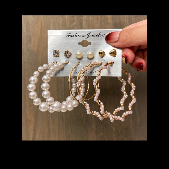 Jewelry - Hoop and Stud Earring Set, Gold Color, Cute, New, Pretty Fake Pearls
